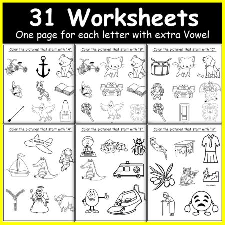 Beginning Sounds Coloring Activity Worksheets for Kindergraten