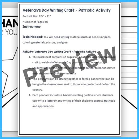 Patriotic Writing Activity workbook for Veteran's Day